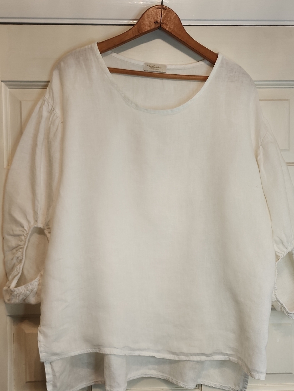 BELLAMBIA Linen 100% White Women's Blouse Scoop Neck 3/4 Elastic Sleeves